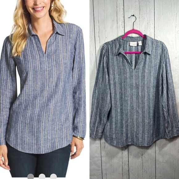 Chicos Chambray Shimmer Stripe Linen Blend  Shirttail Hem Costal Tunic Blouse - Picture 1 of 16